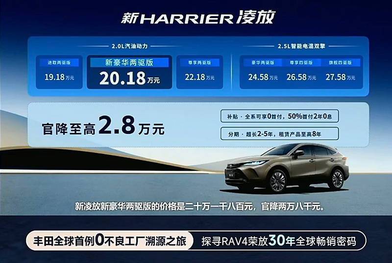  全新 2.5L 混动版丰田凌放 HARRIER 上市，售价 19.18 万起。