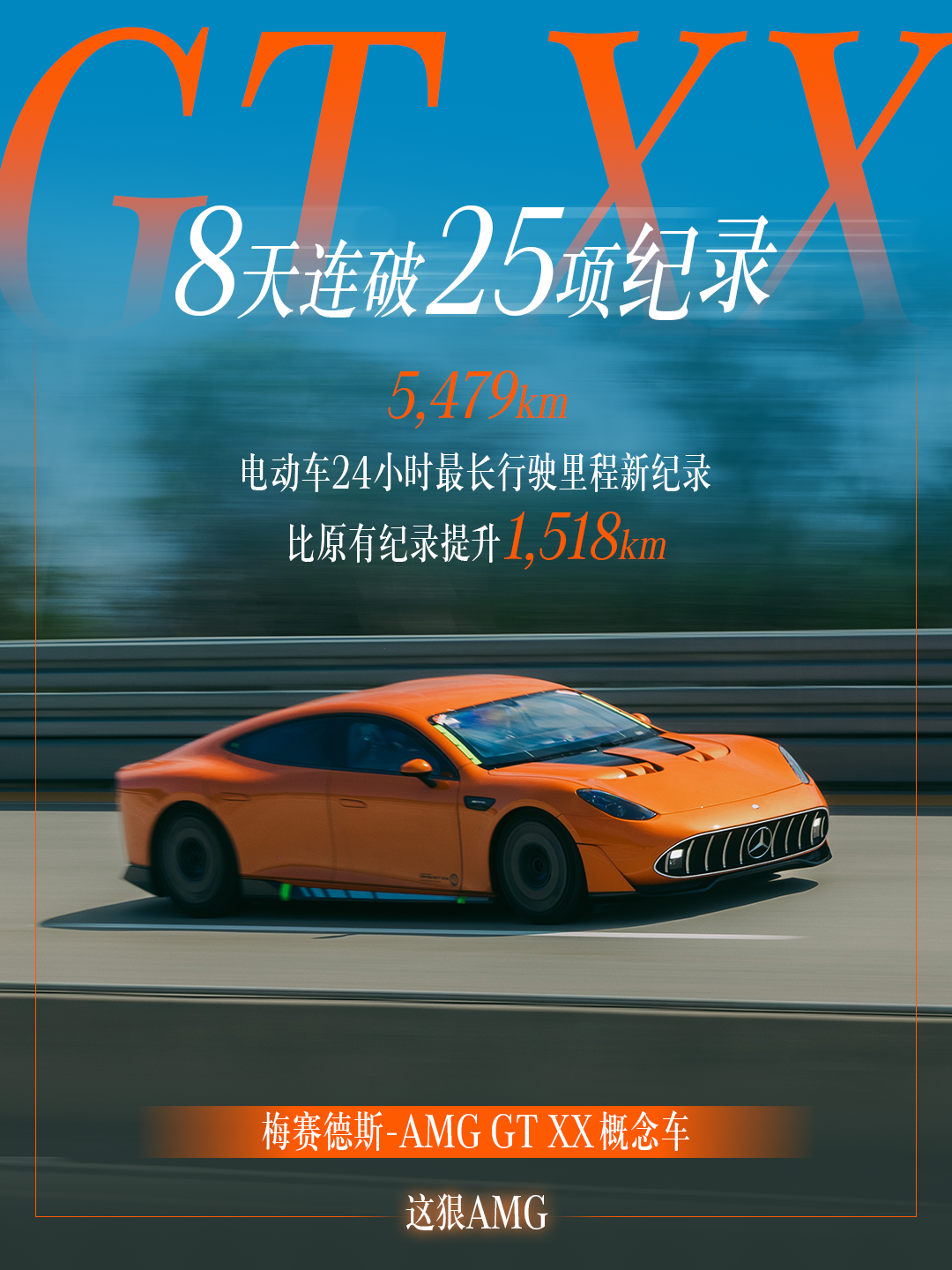 11.AMG GT XX概念车在纳多赛道刷新25项世界纪录，其中包括以5479公里的成绩，创造了电动车24小时最长行驶里程纪录