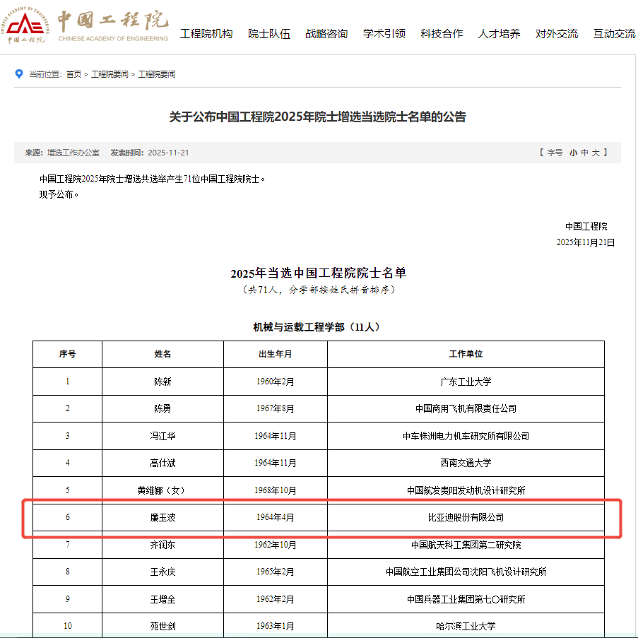 资讯 比亚迪集团首席科学家廉玉波当选中国工程院院士