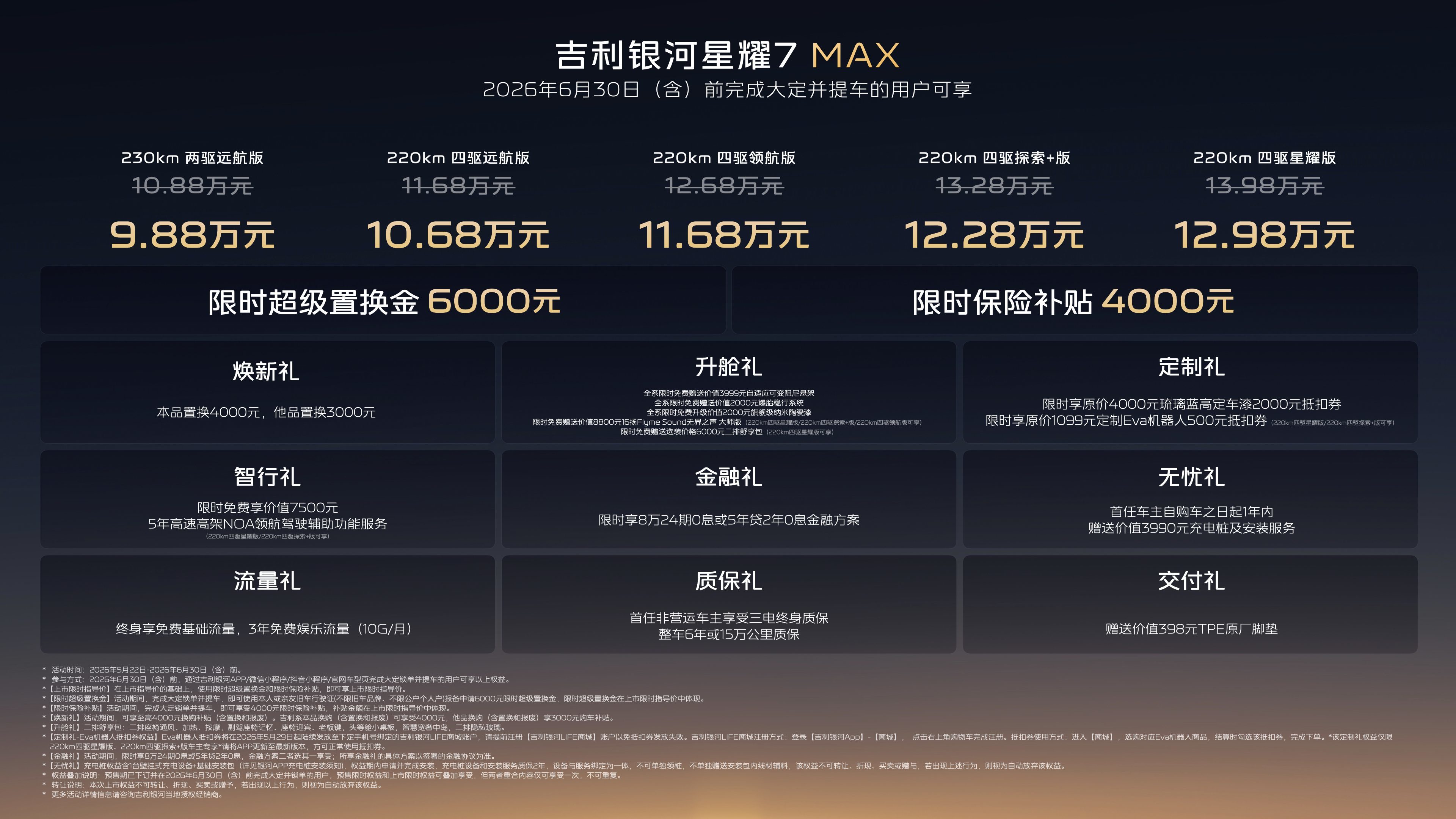 吉利银河星耀7 MAX全系标配四驱,权益后上市限时指导价9.88万起