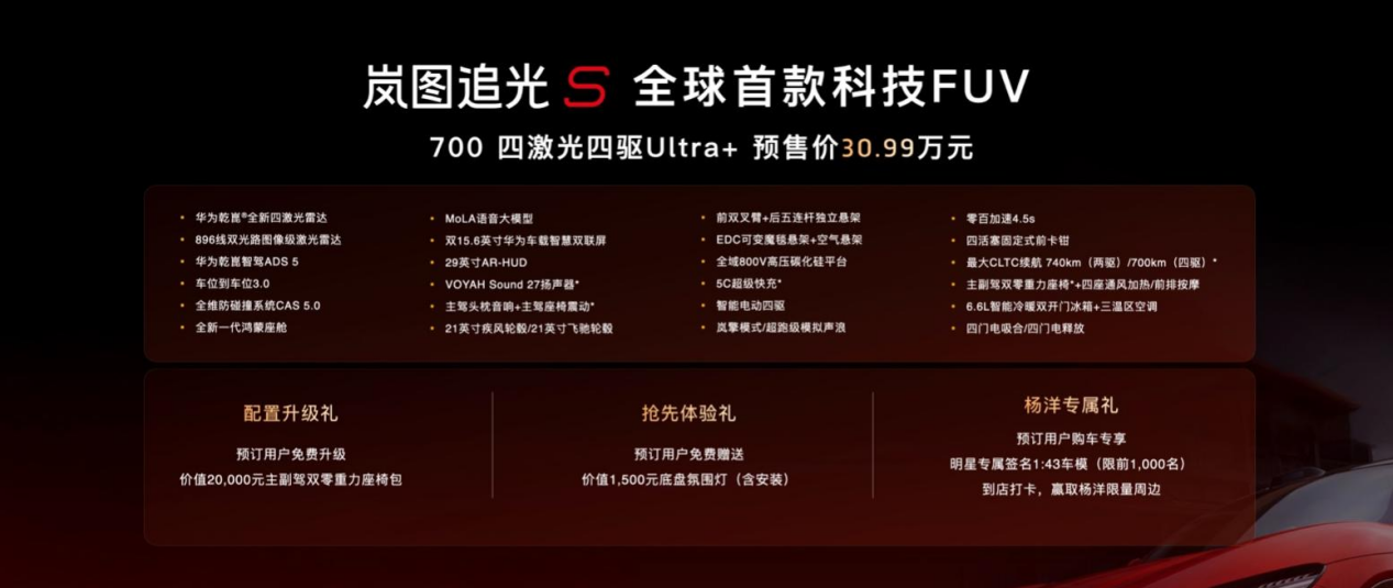 岚图追光S预售，顶配30.99万元，标配4激光雷达华为乾崑ADS 5